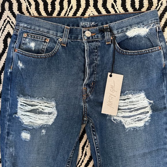 NWT Nasty Gal Blue Button Fly Distressed Boyfriend Jean Sz 27 Denim Mid Rise - Picture 3 of 5
